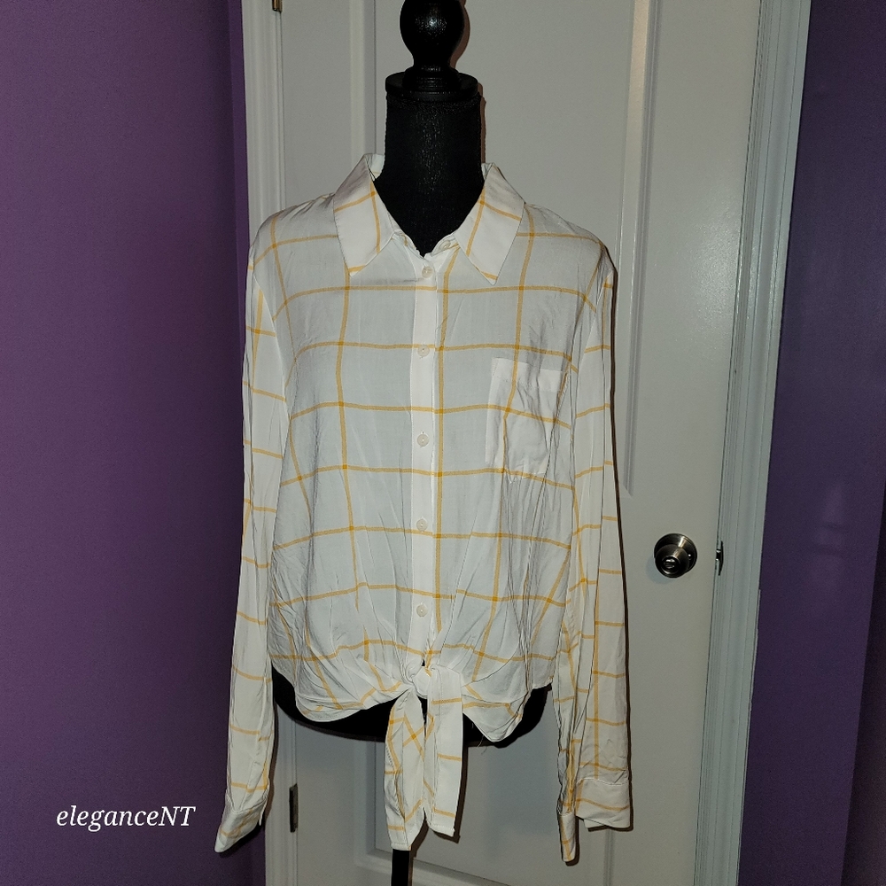 Forever 21 Contemporary white/yellow Front Tie Knot Top Sz: XL  NWT